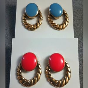Women's Earrings Gold Plated Red/Blue Faux Gemstones Lot Of (2) Pair